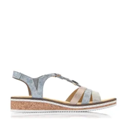 Rieker Women'S Wedge Sandals Sky Blue-Light Beige