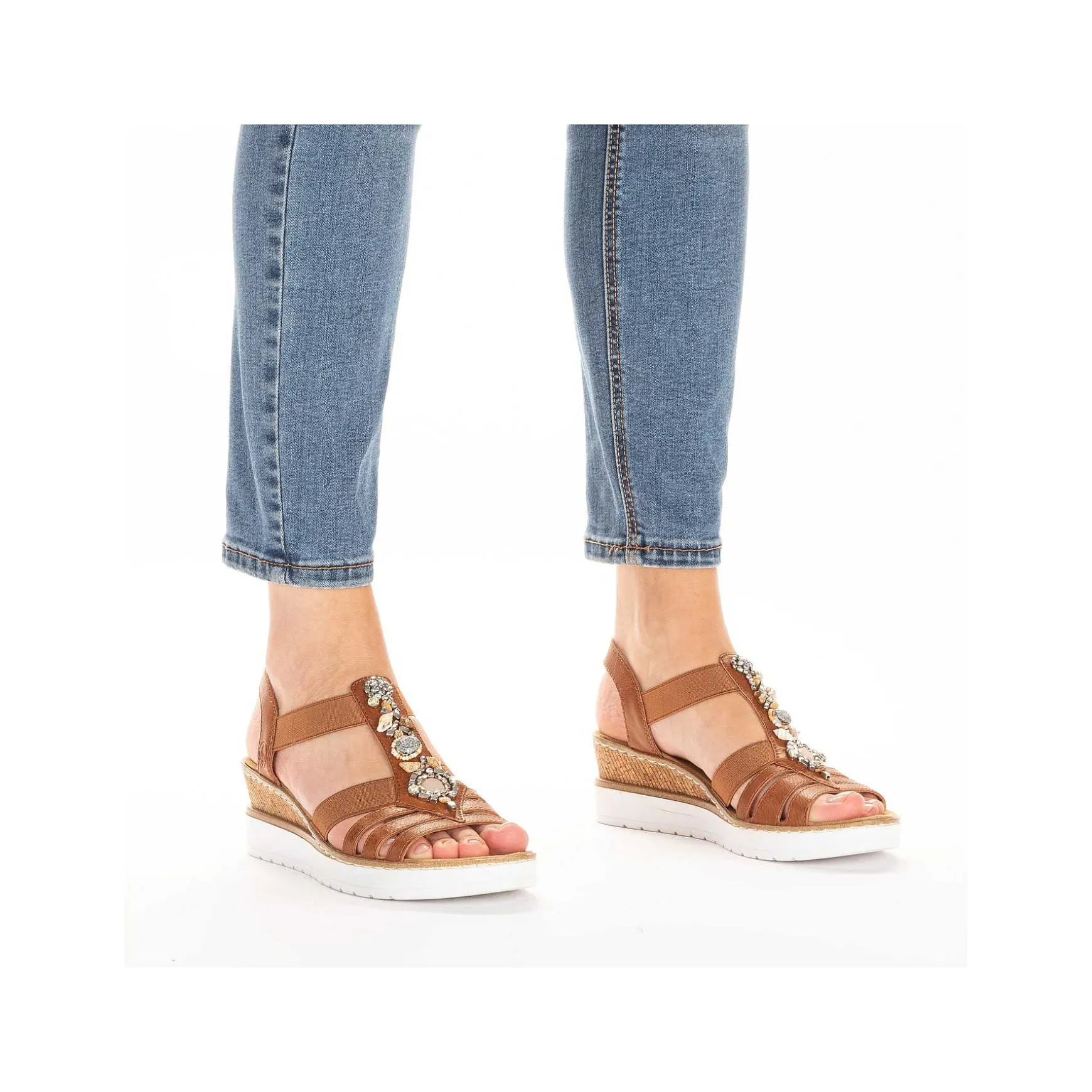 Rieker Women'S Wedge Sandals Caramel Brown-Pure White